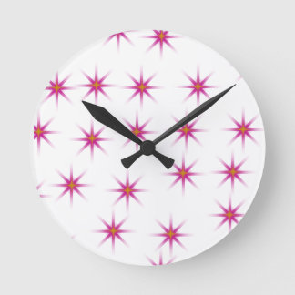 Neon Pink Glowing Stars Pattern Round Clock