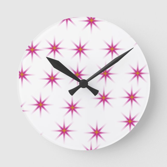 Neon Pink Glowing Stars Pattern Round Clock (Front)