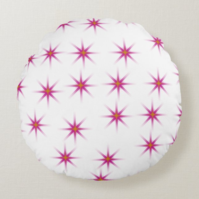 Neon Pink Glowing Stars Pattern Round Pillow (Front)