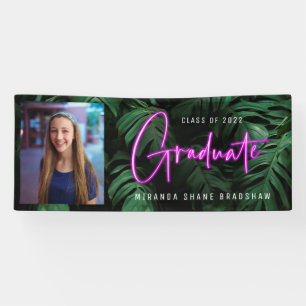 Neon Pink Graduate Tropical Leaves Photo Banner