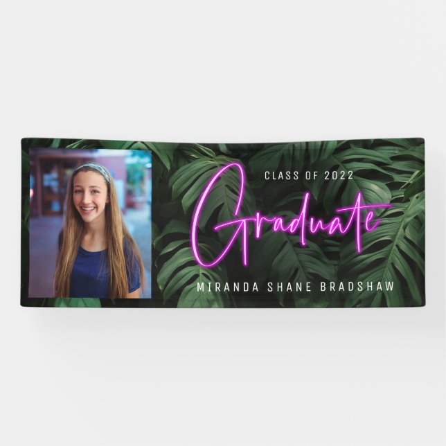 Neon Pink Graduate Tropical Leaves Photo Banner (Horizontal)