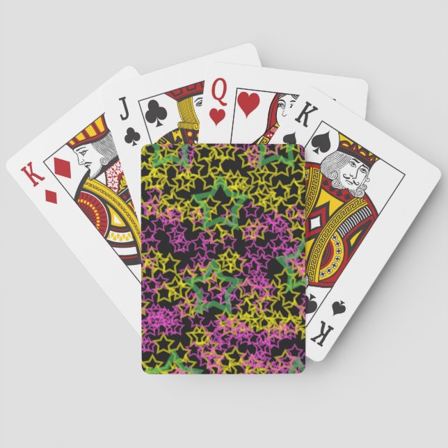 Neon Pink Green and Yellow Star Outlines on Black Playing Cards (Back)