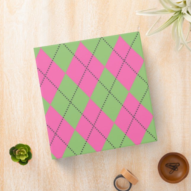 Neon Pink Green Argyle Diamond Pattern Binder (In Situ)