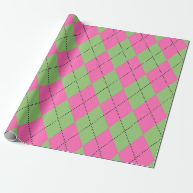 Neon Pink Green Argyle Diamond Pattern Wrapping Paper (Unrolled)