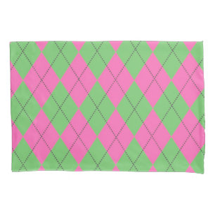 Neon Pink Green Diagonal Geometric Y2K Pattern Pillowcase