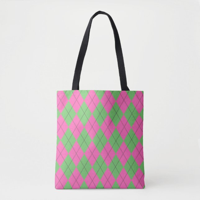Neon Pink Green Diagonal Geometric Y2K Pattern Tote Bag (Front)
