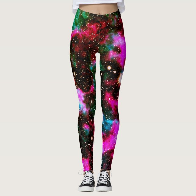 Neon Pink Green Galaxy Yoga Leggings (Front)