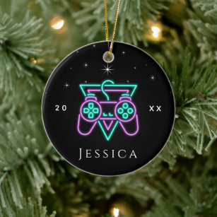 Neon Pink & Green Gamer Gaming Console Name & Year Ceramic Ornament