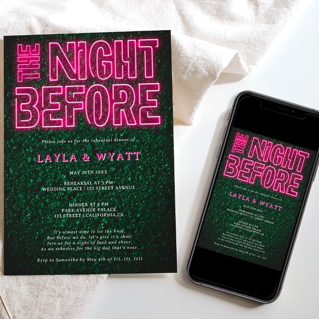 Neon pink green night before rehearsal dinner invitation (Creator Uploaded)