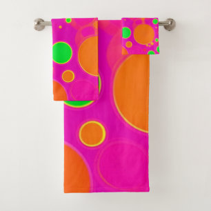 Neon Pink & Green Retro Circle Design Bath Towel Set