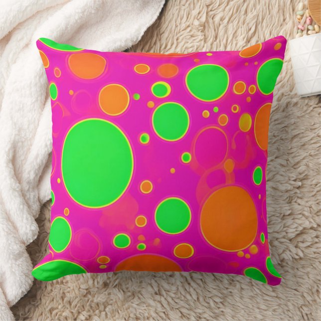 Neon Pink & Green Retro Circle Design Throw Pillow (Blanket)