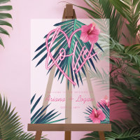 Neon Pink Heart Love Tropical Floral Palm Wedding
