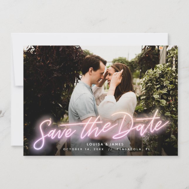 Neon Pink Horizontal Photo Save the Date Invitation (Front)