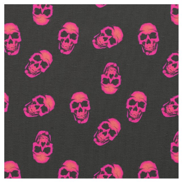 Neon Pink Human Skulls on Black Pattern Fabric (Close Up)
