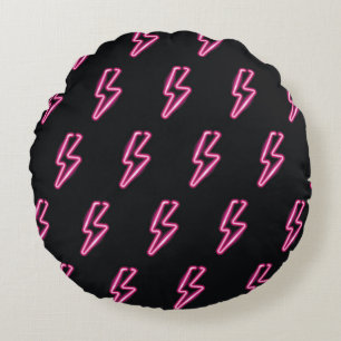 Neon Pink Lightning: Dark Background. Round Pillow