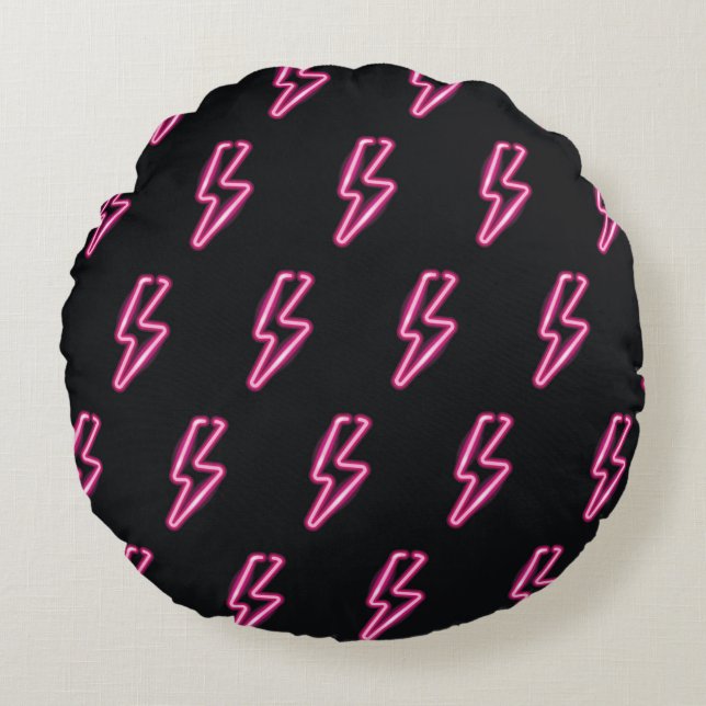 Neon Pink Lightning: Dark Background. Round Pillow (Front)