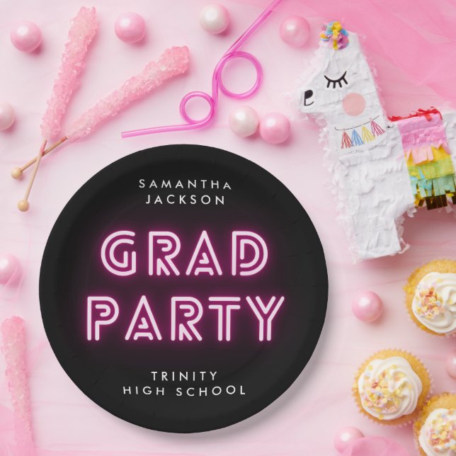 Neon Pink Lights Class of High School Graduation Paper Plate (Party)
