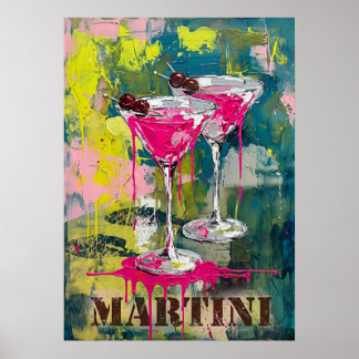 Neon Pink Martini Pop Art: Modern Cocktail Paintin Poster