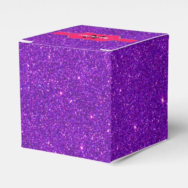 Neon Pink Monogram on Purple Glitter Favor Box (Front Side)