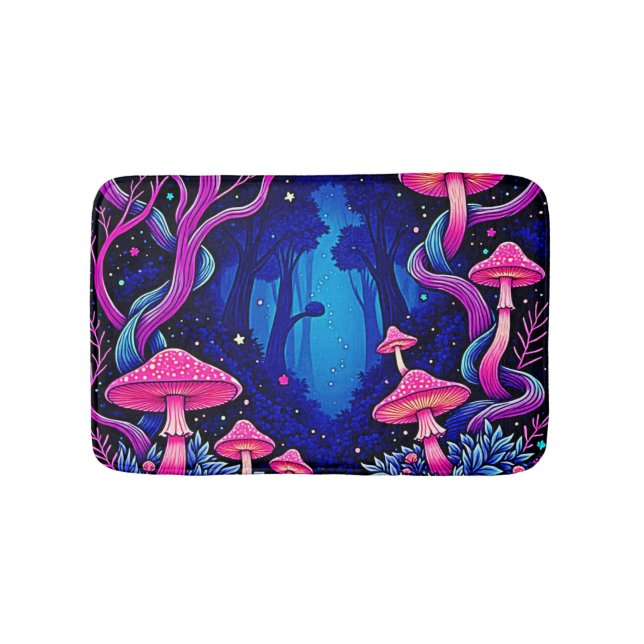 Neon Pink Mushroom Forest Art Bath Mat (Front)