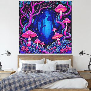 Neon Pink Mushroom Forest Art Canvas Print