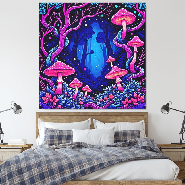 Neon Pink Mushroom Forest Art Canvas Print (Insitu(Bedroom))