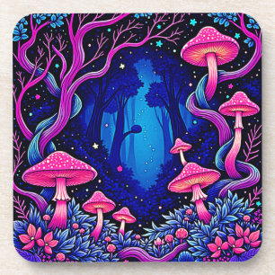 Neon Pink Mushroom Forest Art Coaster