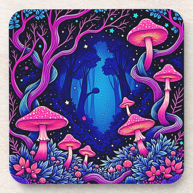 Neon Pink Mushroom Forest Art Coaster (Front)