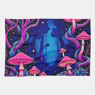 Neon Pink Mushroom Forest Art Kitchen Towel