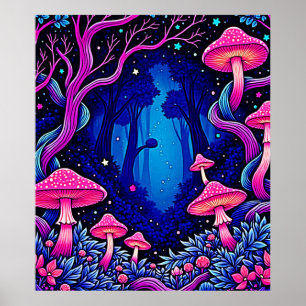 Neon Pink Mushroom Forest Art Poster
