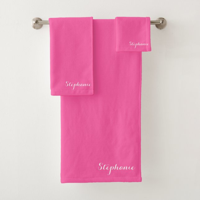 Neon Pink Name Modern Elegant Monogram Boho Bath Towel Set (Insitu)