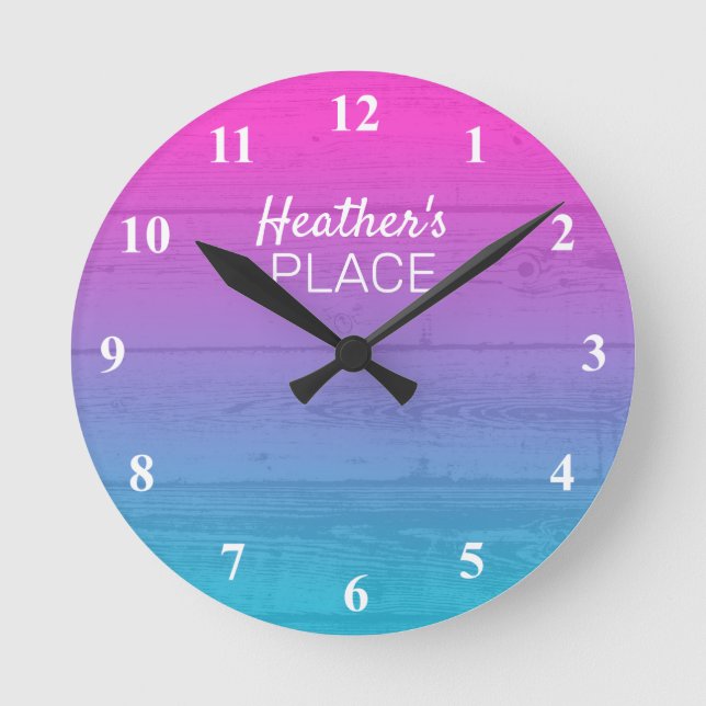 Neon pink ombre gradient wood grain round clock (Front)
