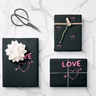 Neon Pink on Black LOVE hearts Wrapping Paper Sheet