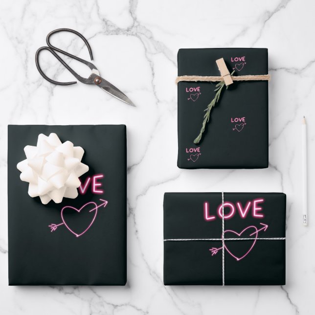 Neon Pink on Black LOVE hearts  Wrapping Paper Sheet (Front)