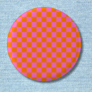 Neon Pink Orange Chequered Chequerboard Vintage 1 Inch Round Button
