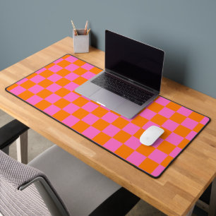 Neon Pink Orange Chequered Chequerboard Vintage Desk Mat