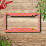 Neon Pink Orange Chequered Chequerboard Vintage License Plate Frame<br><div class="desc">Neon Pink and Orange Chequered Chequerboard | Vintage | Classic | Trendy | Stylish | Fashion | Minimal</div>