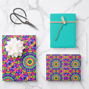 Neon Pink, Orange, Green & Yellow Tile Pattern Wrapping Paper Sheet