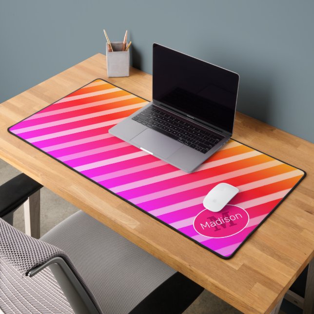 Neon pink orange retro stripes geometric Monogram Desk Mat (Office 2)
