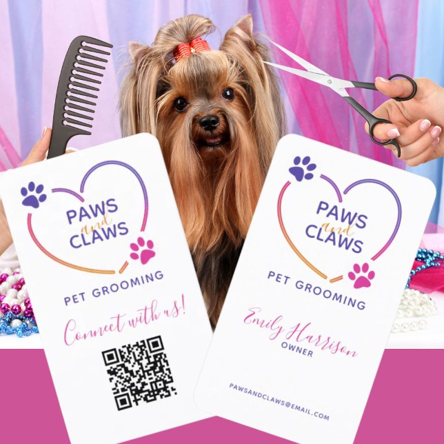 Neon Pink Purple Pet Grooming QR Code Business Card (Creator Uploaded)