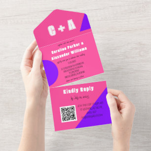 Neon Pink Purple Retro Modern Bold Elegant All In One Invitation