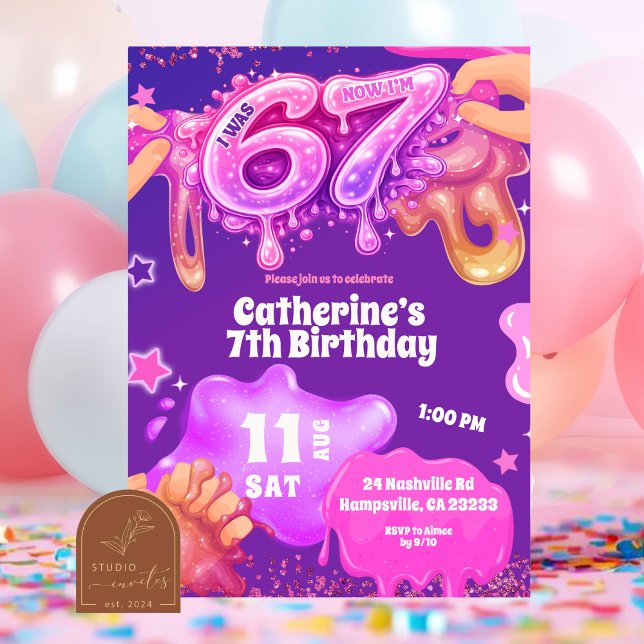 Neon Pink Purple Slime 67 Birthday Invitation (Créateur téléchargé)