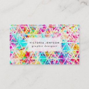 Neon Pink Rainbow Watercolor Triangles Pattern Business Card