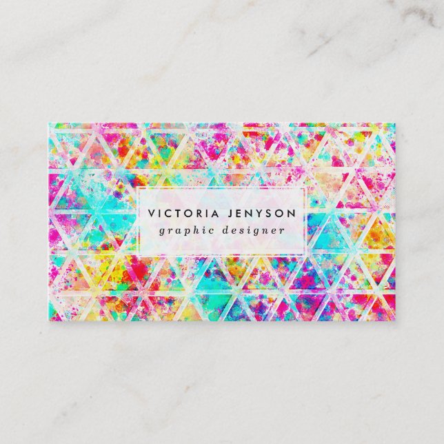 Neon Pink Rainbow Watercolor Triangles Pattern Business Card (Front)
