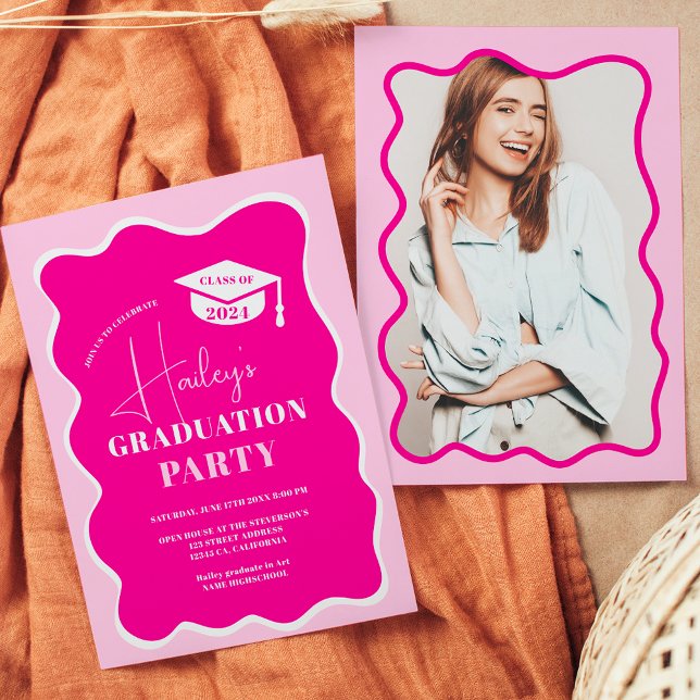 Neon pink retro wavy frame photo graduation invitation (Neon pink retro wavy frame photo graduation invitation)