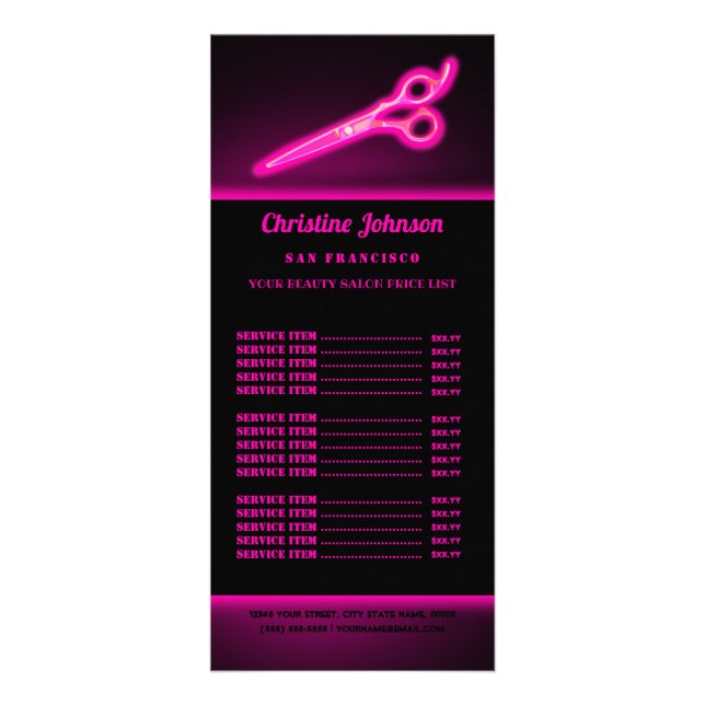 neon pink scissors price list rack card (Front)