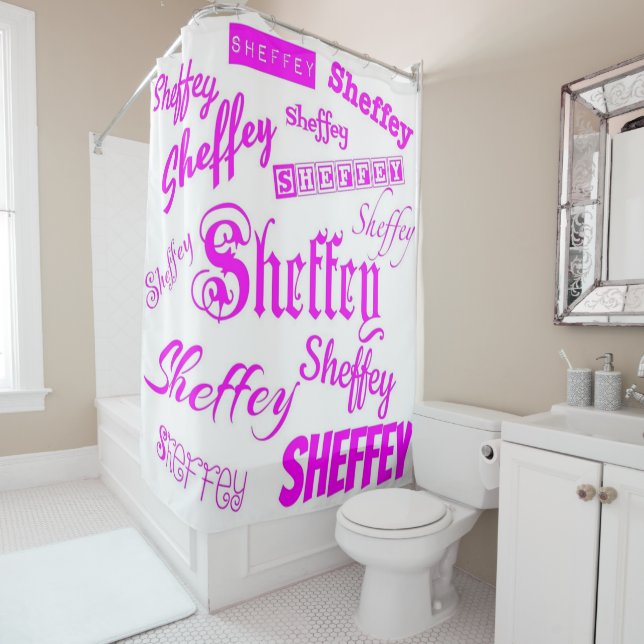Neon Pink Sheffey Fonts - 9571 Shower Curtain (In Situ)
