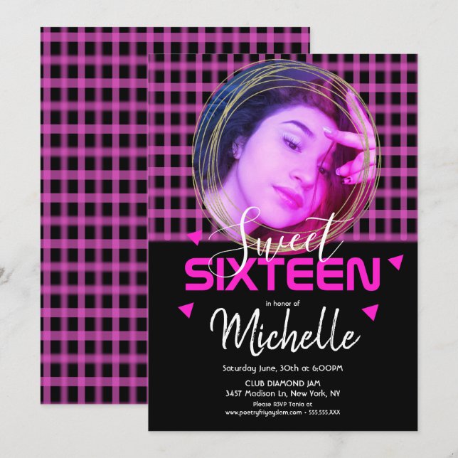 Neon Pink Sweet Sixteen Gold Ring Photo Grid Invitation (Front/Back)