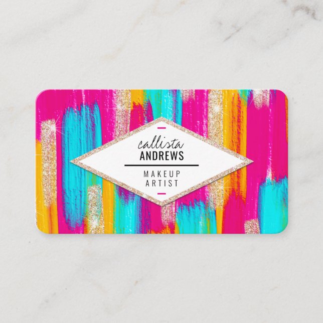 Neon Pink Teal Yellow Gold Glitter Paint Makeup Business Card (Front)