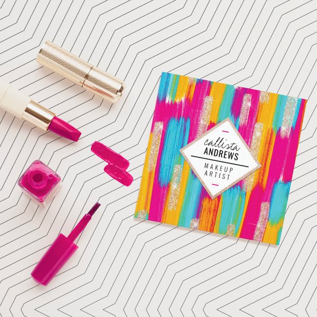 Neon Pink Teal Yellow Gold Glitter Paint Makeup Square Business Card (Creator Uploaded)